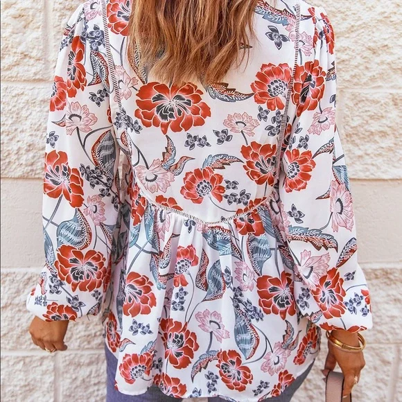 Floral Notched Balloon Sleeve Babydoll Top - Picture 3 of 3